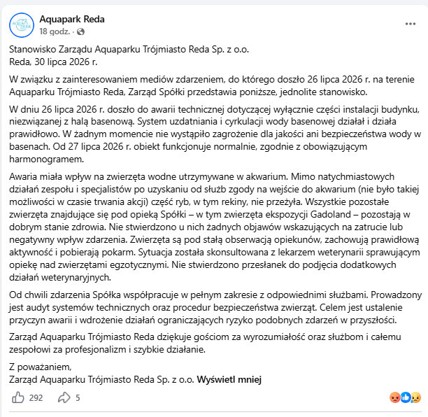 Wcześniejsze oświadczenie Aquapark Reda, które również zniknęło z sieci