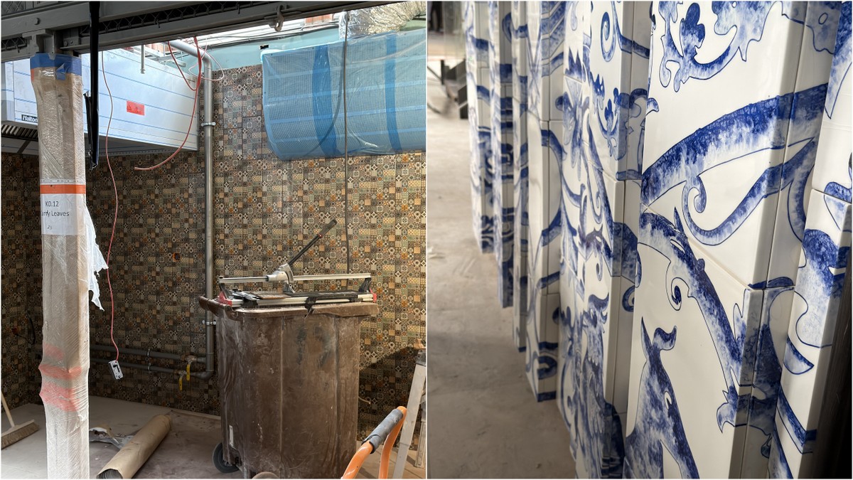 Przykładowa kuchnia z kaflami nawiązującymi do płytek ceramicznych stosowanych dawniej w hali
