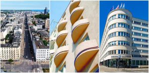 Kolaż trzech pionowych zdjęć przedstawiających modernistyczną architekturę Śródmieścia Gdyni. Po lewej stronie: widok z lotu ptaka na prostą, szeroką ulicę 10 Lutego prowadzącą w kierunku morza, otoczoną jasną zabudową. W środku: zbliżenie na pionowy rząd półokrągłych, kremowych balkonów o opływowym kształcie. Po prawej stronie: jasny, modernistyczny gmach dawnego ZUS (obecnie Urząd Miasta) o zaokrąglonym narożniku i pasmowych oknach, z szyldem „Miejska Informacja” na parterze oraz flagami na dachu. Modernistyczny układ Śródmieścia Gdyni może trafić na listę UNESCO