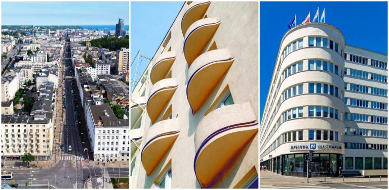 Kolaż trzech pionowych zdjęć przedstawiających modernistyczną architekturę Śródmieścia Gdyni. Po lewej stronie: widok z lotu ptaka na prostą, szeroką ulicę 10 Lutego prowadzącą w kierunku morza, otoczoną jasną zabudową. W środku: zbliżenie na pionowy rząd półokrągłych, kremowych balkonów o opływowym kształcie. Po prawej stronie: jasny, modernistyczny gmach dawnego ZUS (obecnie Urząd Miasta) o zaokrąglonym narożniku i pasmowych oknach, z szyldem „Miejska Informacja” na parterze oraz flagami na dachu. Modernistyczny układ Śródmieścia Gdyni może trafić na listę UNESCO
