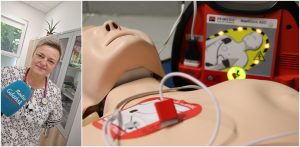 Kolaż zdjęć: po lewej dr Dagmara Wiewórkowska-Garczewska mówi do mikrofonu Radia Gdańsk, po prawej manekin szkoleniowy do nauki pierwszej pomocy z podłączonym defibrylatorem AED
