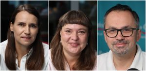 Kolaż trzech portretów przedstawiający polityków (od lewej): Agnieszkę Pomaskę, Annę Górską oraz Marcina Horałę. Goście audycji "Strefa politycznie kontrolowana" rozmawiali o roku prezydentury Karola Nawrockiego
