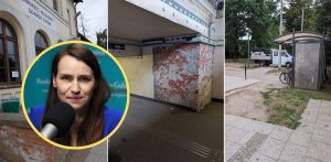 Kolarz zdjęć przedstawiający zniszczoną infrastrukturę dworca Gdańsk Oliwa: odrapany mur budynku, skuty tynk w tunelu oraz zaniedbany teren z wiatą rowerową. W okręgu wklejone jest zdjęcie posłanki Agnieszki Pomaskiej przemawiającej do mikrofonu w studiu Radia Gdańsk. Posłanka złożyła interpelacje do ministra infrastruktury w sprawie dworca w Oliwie