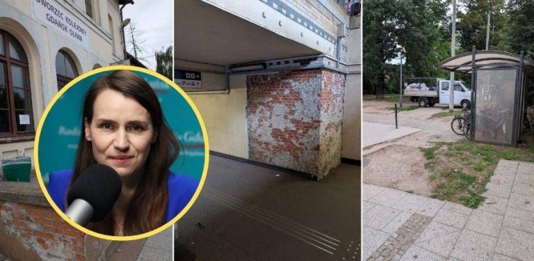 Kolarz zdjęć przedstawiający zniszczoną infrastrukturę dworca Gdańsk Oliwa: odrapany mur budynku, skuty tynk w tunelu oraz zaniedbany teren z wiatą rowerową. W okręgu wklejone jest zdjęcie posłanki Agnieszki Pomaskiej przemawiającej do mikrofonu w studiu Radia Gdańsk. Posłanka złożyła interpelacje do ministra infrastruktury w sprawie dworca w Oliwie