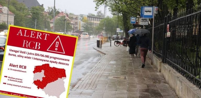 Grafika ostrzegawcza Alert RCB nałożona na zdjęcie deszczowej ulicy. Po lewej stronie znajduje się czerwona plansza informacyjna Rządowego Centrum Bezpieczeństwa z mapą Polski z zaznaczonymi na czerwono 10 województwami oraz tekstem ostrzegającym przed burzami, silnym wiatrem i intensywnym deszczem. Po prawej stronie w tle widać pieszych idących pod parasolami po mokrym, deszczowym chodniku wzdłuż ulicy i ogrodzenia w Gdańsku