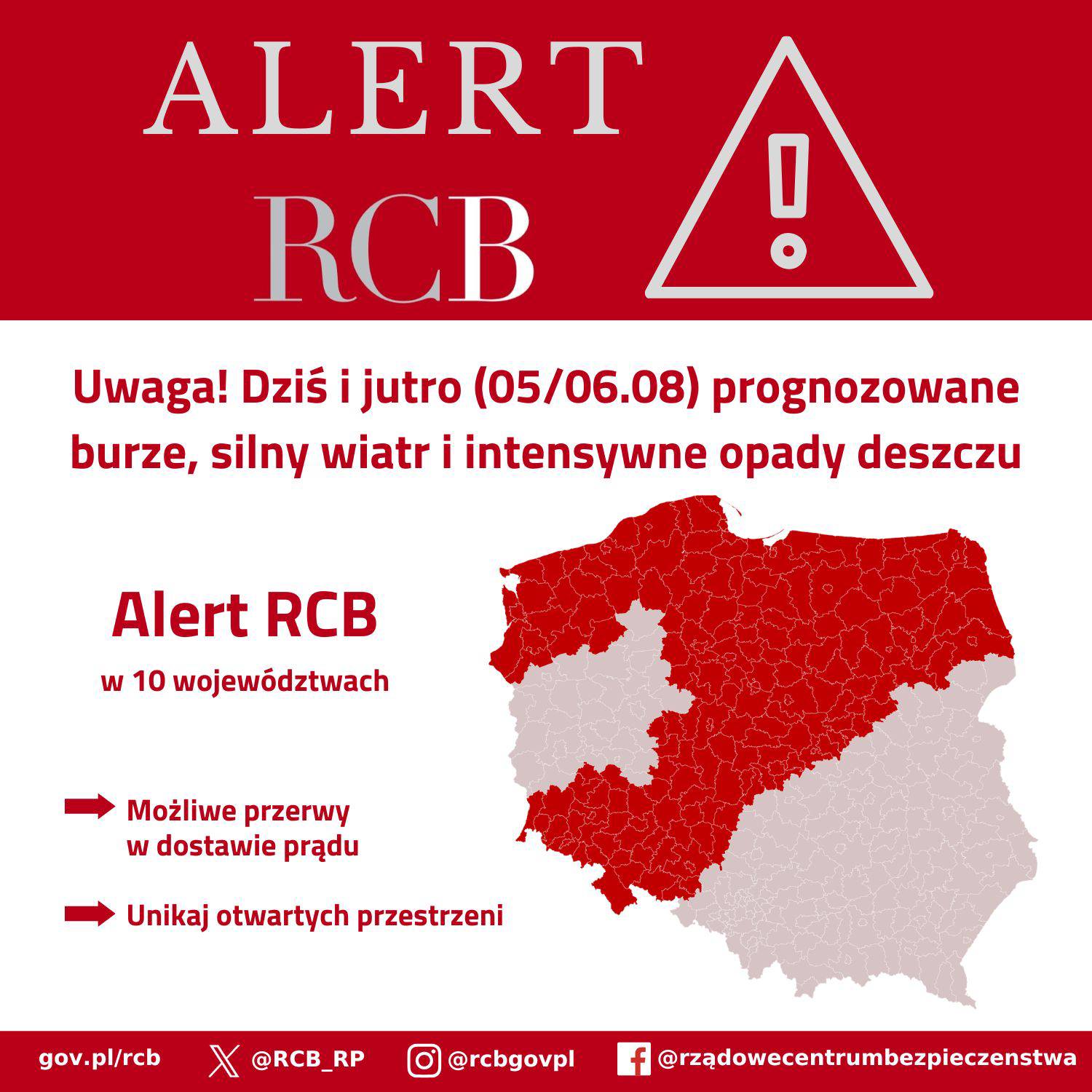 Czerwono-biała grafika informacyjna Rządowego Centrum Bezpieczeństwa (Alert RCB). Na górze widnieje napis „ALERT RCB” z symbolem wykrzyknika w trójkącie. Poniżej znajduje się ostrzeżenie o treści: „Uwaga! Dziś i jutro (05/06.08) prognozowane burze, silny wiatr i intensywne opady deszczu”. Po prawej stronie umieszczono mapę Polski z zaznaczonym czerwonym kolorem obszarem 10 województw objętych alertem, a po lewej zalecenia: „Możliwe przerwy w dostawie prądu” oraz „Unikaj otwartych przestrzeni”. W dolnej części widoczne są dane teleadresowe i profile społecznościowe RCB