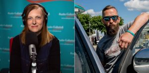Kolaż dwóch zdjęć przedstawiający dziennikarzy Radia Gdańsk. Po lewej stronie kobieta w słuchawkach na głowie siedząca przed mikrofonem na tle niebieskiej ścianki z logo Radia Gdańsk (Alicja Samolewicz-Jeglicka). Po prawej stronie mężczyzna z brodą i w okularach przeciwsłonecznych, opierający się o otwarte drzwi samochodu na świeżym powietrzu (Piotr Puchalski)