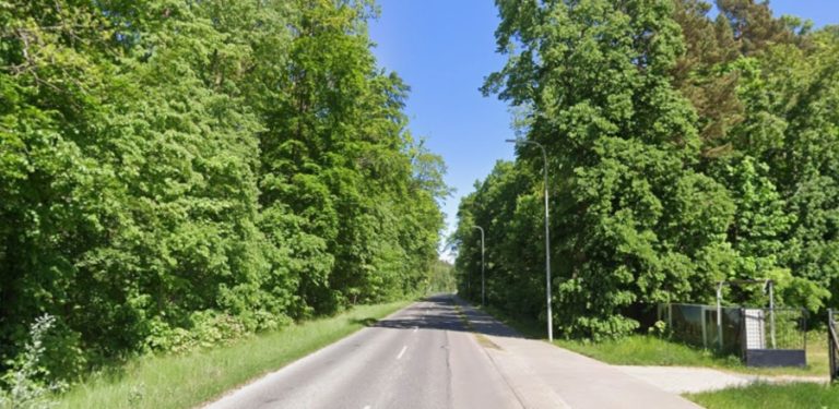 Widok z perspektywy kierowcy na prosty odcinek asfaltowej ulicy Turystycznej na Wyspie Sobieszewskiej w Gdańsku. Droga jest otoczona z obu stron gęstą, bujną zielenią - drzewami liściastymi i iglastymi. Po prawej stronie widać fragment chodnika oraz słupy oświetleniowe. Po prawej stronie, w głębi, znajduje się metalowe ogrodzenie i struktury przypominające wiatę przystankową lub wejście na teren. Nawierzchnia drogi jest gładka, z widocznymi liniami, a niebo jest czyste i błękitne. Jest to stan drogi przed rozpoczęciem przebudowy