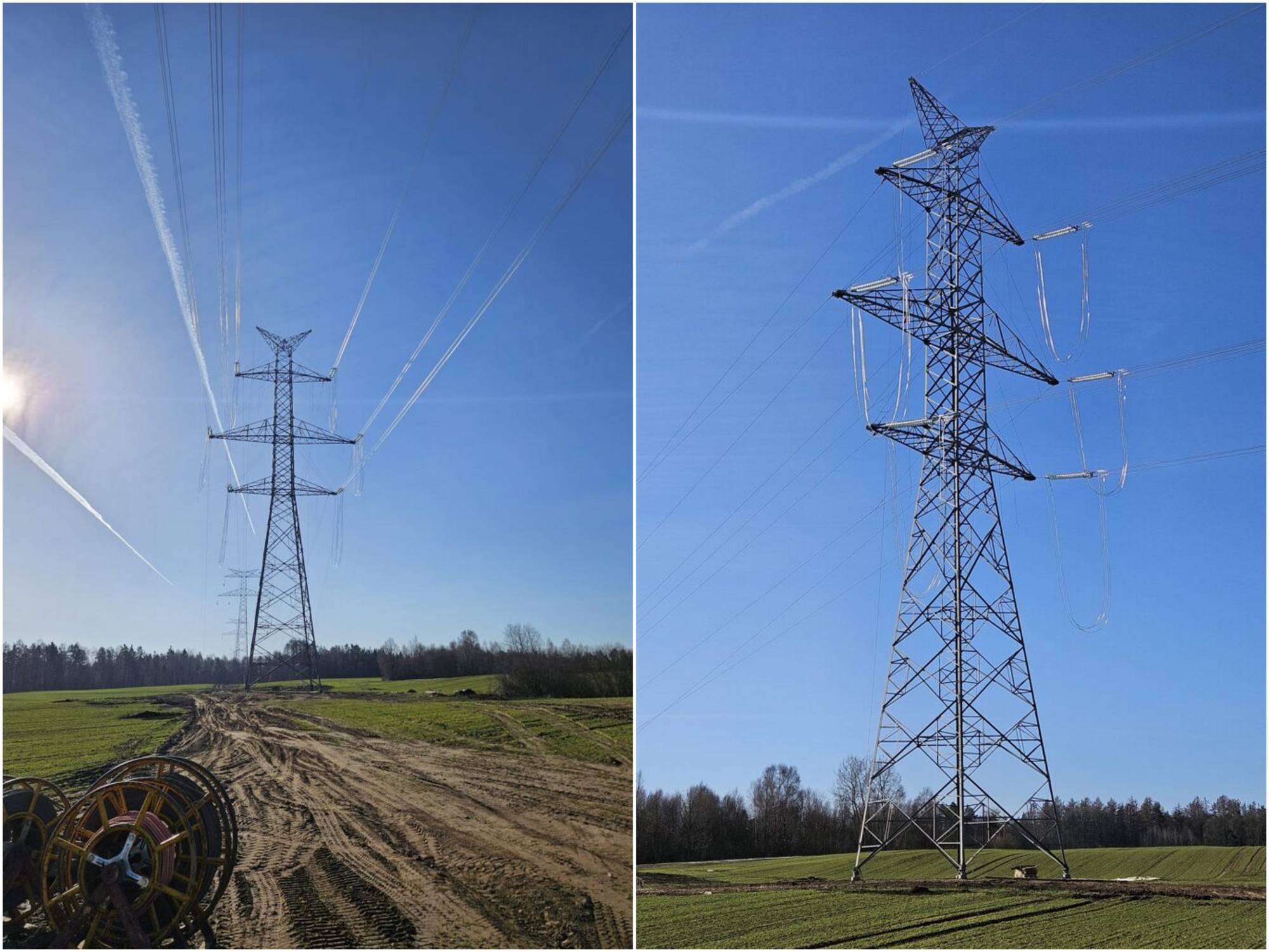 Dwa zdjęcia przedstawiające stalowe słupy kratownicowe linii elektroenergetycznej 400 kV na tle pola i bezchmurnego nieba; po lewej stronie widać bębny z przewodami oraz drogę gruntową