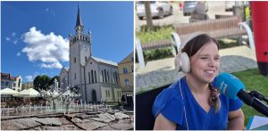budynek fontanna dziennikarka mikrofon