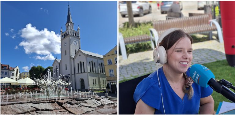 budynek fontanna dziennikarka mikrofon