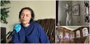Na zdjęciu prowadząca audycji Magda Szpiner oraz zdjęcia wnętrza willi Patschkego (rzeźba i drzwi)