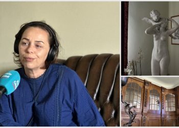 Na zdjęciu prowadząca audycji Magda Szpiner oraz zdjęcia wnętrza willi Patschkego (rzeźba i drzwi)
