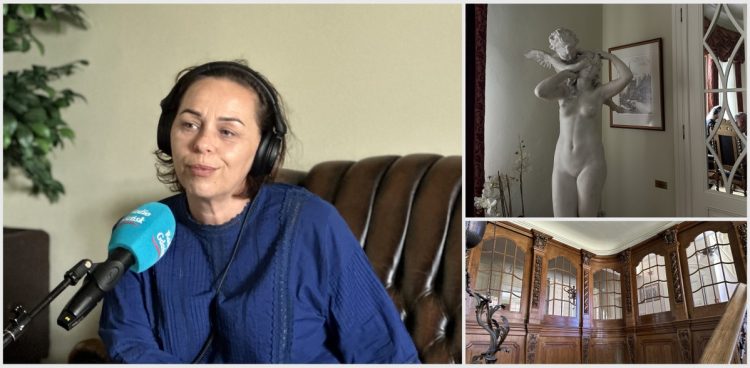 Na zdjęciu prowadząca audycji Magda Szpiner oraz zdjęcia wnętrza willi Patschkego (rzeźba i drzwi)