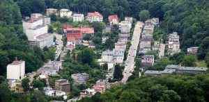 Zdjęcie lotnicze przedstawia gęstą zabudowę mieszkalną na zalesionym, pagórkowatym terenie dzielnicy Działki Leśne w Gdyni