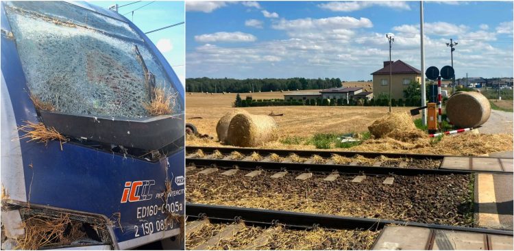 Kolaż dwóch zdjęć z miejsca wypadku w Czarlinie: z lewej uszkodzona przednia szyba pociągu PKP Intercity z wbitymi źdźbłami słomy, z prawej przejazd kolejowy i tory, wzdłuż których leżą rozsypane bele słomy