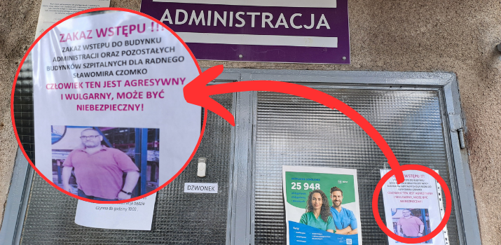 Zdjęcie radnego miejskiego Sławomira Czomki z adnotacją, że ma zakaz wstępu do Szpitala Miejskiego w Miastku, pojawiło się na drzwiach budynku administracji. Urzędnik złożył doniesienie.