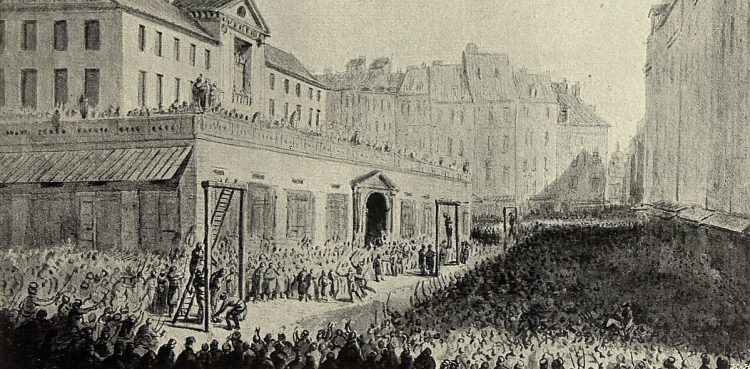 Wieszanie prawomocnie skazanych przywódców konfederacji targowickiej w Warszawie 9 maja 1794 (rys. Jan Piotr Norblin/Biblioteka Narodowa)