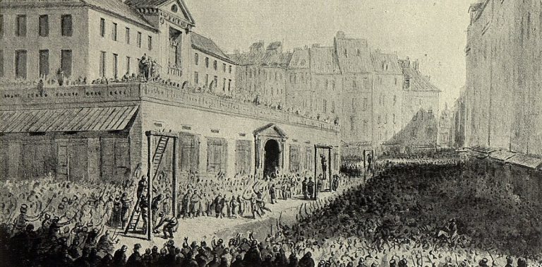 Wieszanie prawomocnie skazanych przywódców konfederacji targowickiej w Warszawie 9 maja 1794 (rys. Jan Piotr Norblin/Biblioteka Narodowa)