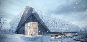 Wizualizacja miejskiego lodowiska w dzielnicy Ujeścisko-Łostowice w Gdańsku - nowoczesnego, bryłowego budynku z dużym napisem „LODOWISKO GDAŃSK” na elewacji, przedstawiona w zimowej scenerii z padającym śniegiem. U dołu widoczny jest parking z samochodami oraz oświetlone, przeszklone wejście