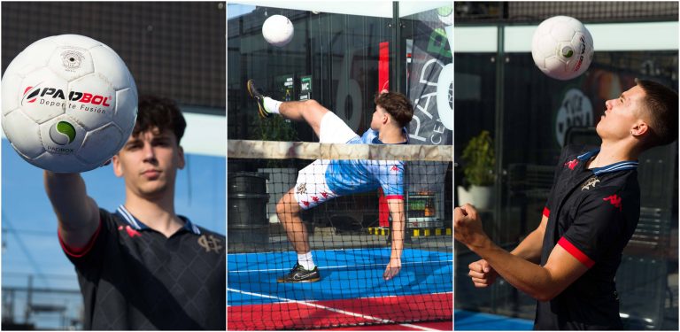 Kolaż trzech kadrów przedstawiający zawodników Chełmianki Gdańsk na boisku do padbola. Na bocznych zdjęciach gracze w czarnych koszulkach meczowych pozują z białą piłką do padbola, a w środkowym kadrze piłkarz w ujęciu dynamicznym wykonuje efektowne uderzenie nogą nad siatką