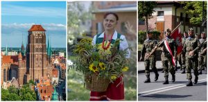 kolaż zdjęć - Bazylika Mariacka, kobieta trzymająca kosz ziół, obchody Święta Wojska Polskiego