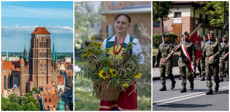 kolaż zdjęć - Bazylika Mariacka, kobieta trzymająca kosz ziół, obchody Święta Wojska Polskiego