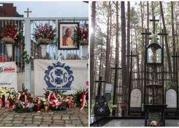 Na zdjęciu kolaż bramy ze stoczni oraz cmentarz z wieloma krzyżami