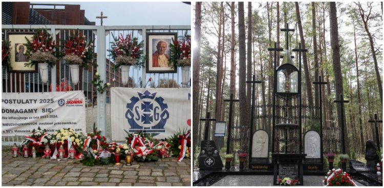 Na zdjęciu kolaż bramy ze stoczni oraz cmentarz z wieloma krzyżami