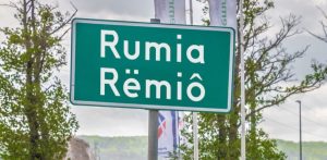 Zielona tablica drogowa z dwujęzyczną nazwą miejscowości: "Rumia" w języku polskim oraz "Rëmiô" w języku kaszubskim, ustawiona na tle drzew i masztów flagowych
