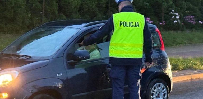 Policjant drogówki w odblaskowej kamizelce przeprowadza kontrolę trzeźwości kierowcy ciemnego samochodu osobowego