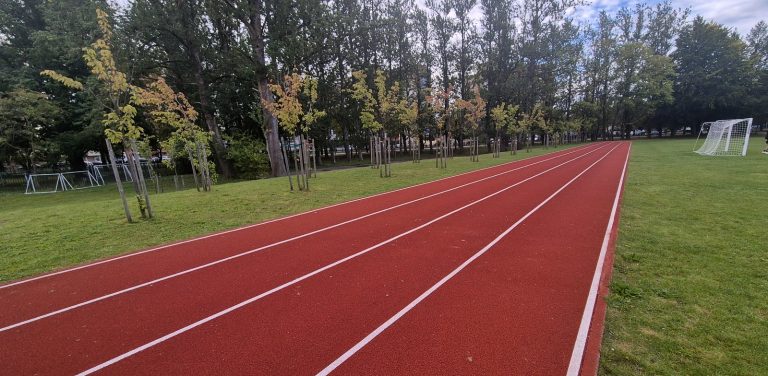 Na zdjęciu bieżnia sportowa w kolrze ceglastym a wokół niej zielona trawa.