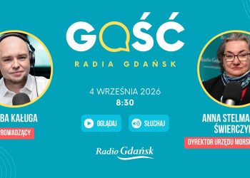 Grafika zapowiadająca audycję "Gość Radia Gdańsk" z 4 września. Po prawej stronie w okrągłej ramce zdjęcie prowadzącego rozmowę Kuby Kaługi, po lewej stronie w okrągłej ramce Anna Stelmaszyk-Świerczyńska, dyrektor Urzędu Morskiego w Gdyni