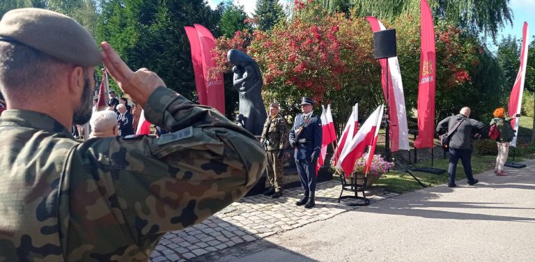 Światowy Dzień Sybiraka w Gdańsku. Żołnierz salutujący przed Pomnikiem Golgoty Wschodu na Cmentarzu Łostowickim w Gdańsku. Przy pomniku stoi warta honorowa w otoczeniu biało-czerwonych flag i flag Gdańska.