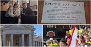 Na zdjęciach od lewej: ks. Mirosław Cichoń z Anną Rębas, Dom Polski Jana Pawła II, Kolumnada Berniniego na Placu świętego Piotra oraz młodzież w Gdańsku
