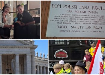 Na zdjęciach od lewej: ks. Mirosław Cichoń z Anną Rębas, Dom Polski Jana Pawła II, Kolumnada Berniniego na Placu świętego Piotra oraz młodzież w Gdańsku