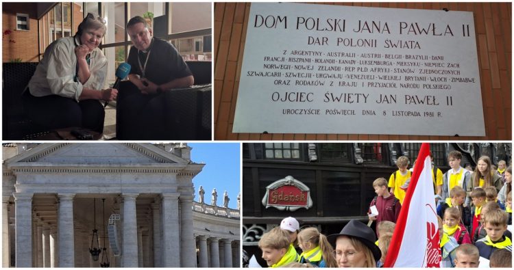 Na zdjęciach od lewej: ks. Mirosław Cichoń z Anną Rębas, Dom Polski Jana Pawła II, Kolumnada Berniniego na Placu świętego Piotra oraz młodzież w Gdańsku