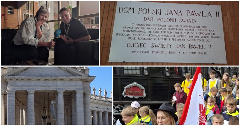 Na zdjęciach od lewej: ks. Mirosław Cichoń z Anną Rębas, Dom Polski Jana Pawła II, Kolumnada Berniniego na Placu świętego Piotra oraz młodzież w Gdańsku