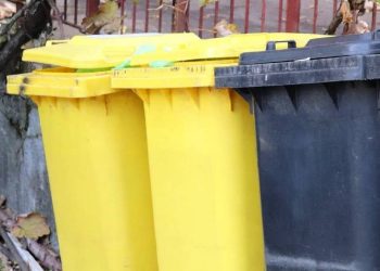 Dwa żółte pojemniki na odpady oraz stojący obok nich duży czarny kosz na śmieci na tle ogrodzenia i roślinności. Zdjęcie ilustruje podwyżkę opłat za wywóz śmieci w Słupsku