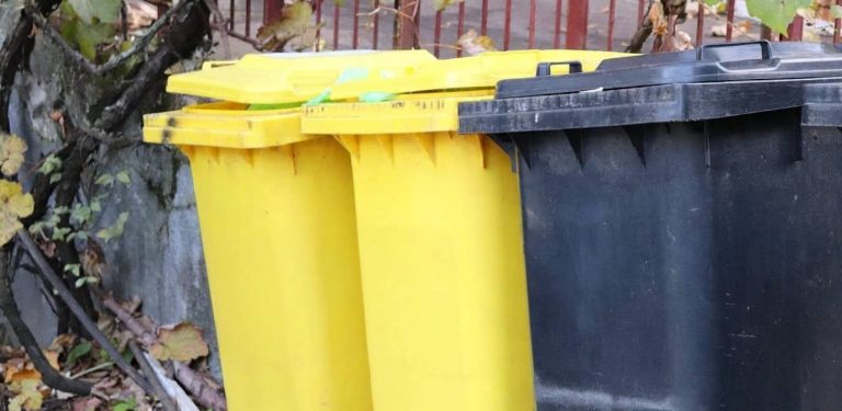Dwa żółte pojemniki na odpady oraz stojący obok nich duży czarny kosz na śmieci na tle ogrodzenia i roślinności. Zdjęcie ilustruje podwyżkę opłat za wywóz śmieci w Słupsku