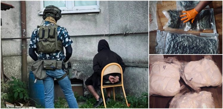 Kolaż trzech zdjęć operacyjnych: po lewej uzbrojony funkcjonariusz w kamizelce taktycznej i hełmie pilnuje skutego kajdankami mężczyzny siedzącego na krześle. Po prawej u góry foliowe worki z zielonym suszem roślinnym i dłoń w pomarańczowej rękawiczce, na dole duże foliowe worki wypełnione białym proszkiem