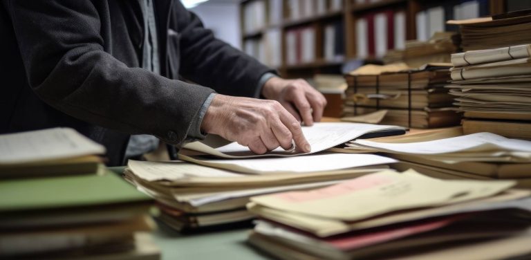 Zbliżenie na dłonie osoby w ciemnej marynarce, która przegląda dokumenty na biurku zastawionym stosami teczek i papierów, na tle archiwalnych regałów. Związek Miast Polskich na wniosek Sopotu apeluje do rządu o rozpoczęcie prac nad nowelizacją ustawy o dostępie do informacji publicznej z uwagi na przeciążenie urzędów