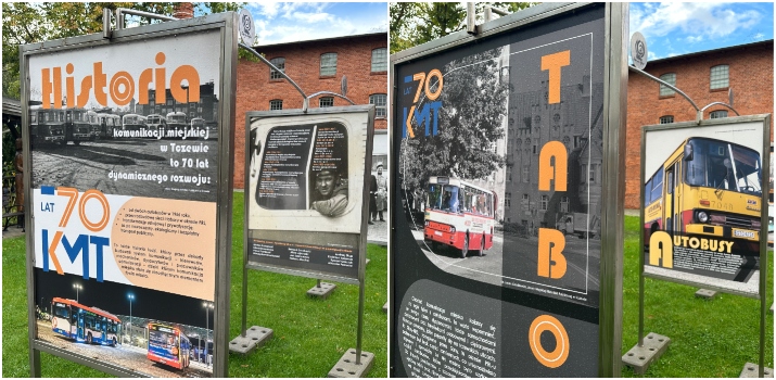 Na zdjęciu fotki starych autobusów na planszach z wystawy w Tczewie.