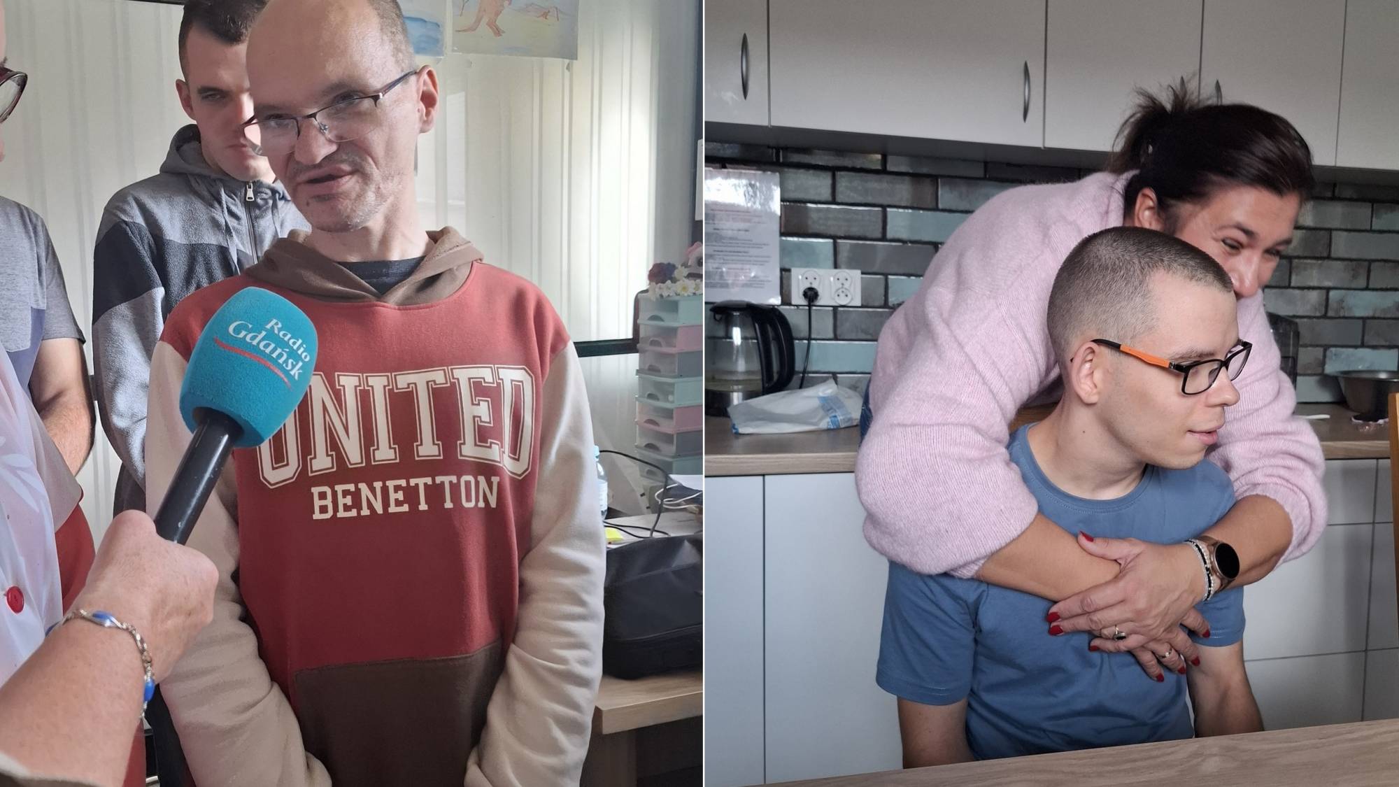 Zestawienie dwóch kadrów: po lewej podopieczny w okularach mówi do mikrofonu Radia Gdańsk, po prawej kobieta czule obejmuje od tyłu siedzącego w pracowni młodego mężczyznę