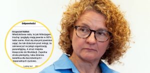 Portret prezydent Sopotu Magdaleny Czarzyńskiej-Jachim o poważnym wyrazie twarzy, w okularach i niebieskiej koszuli. Obok, w żółtym okręgu, umieszczono zrzut ekranu internetowego komentarza porównującego Młodzieżową Radę Miasta do „hitlerjugen” i krytykującego straż miejską