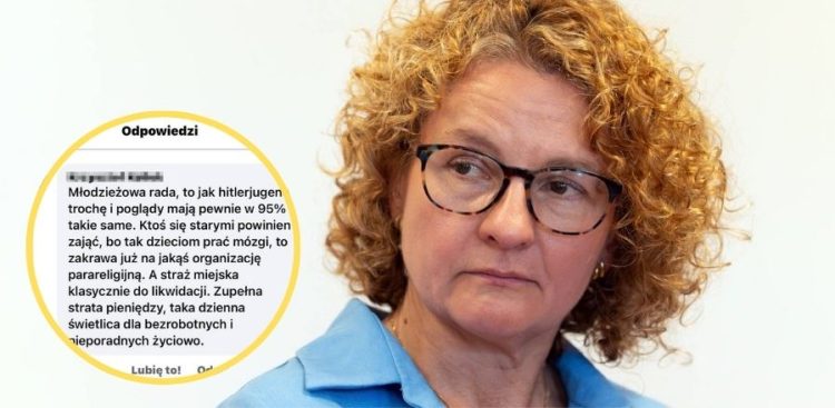 Portret prezydent Sopotu Magdaleny Czarzyńskiej-Jachim o poważnym wyrazie twarzy, w okularach i niebieskiej koszuli. Obok, w żółtym okręgu, umieszczono zrzut ekranu internetowego komentarza porównującego Młodzieżową Radę Miasta do „hitlerjugen” i krytykującego straż miejską