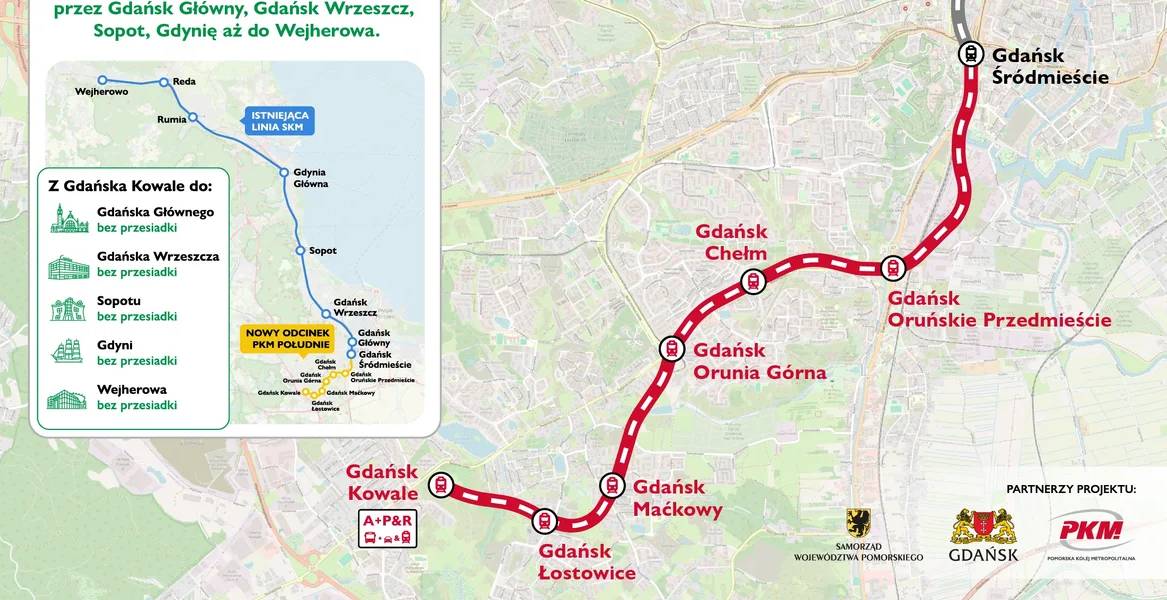 Mapa planowanego przebiegu trasy PKM Południe w Gdańsku. Czerwona linia prowadzi od stacji Gdańsk Śródmieście przez przystanki Gdańsk Oruńskie Przedmieście, Gdańsk Chełm, Gdańsk Orunia Górna, Gdańsk Maćkowy i Gdańsk Łostowice do węzła Gdańsk Kowale, z zaznaczonym połączeniem z istniejącą linią SKM