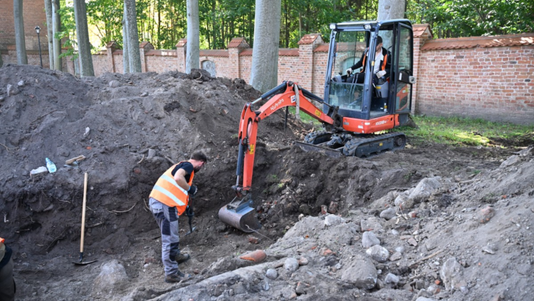 Archeolog pracujący w wykopie wraz z koparką