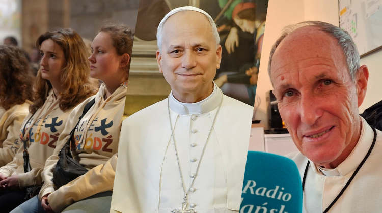 Na zdjęciu widać uczestniczki spotkania Taize, papieża Leona XIV i misjonarza z Madagaskaru