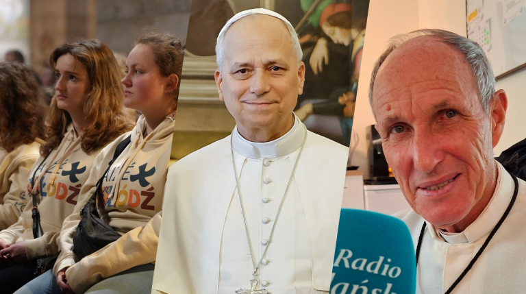 Na zdjęciu widać uczestniczki spotkania Taize, papieża Leona XIV i misjonarza z Madagaskaru